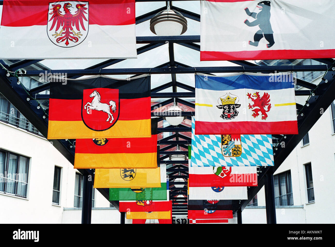 Flags of German states in front of Hotel Esplanade Resort and Spa, Bad Saarow, Germany Stock