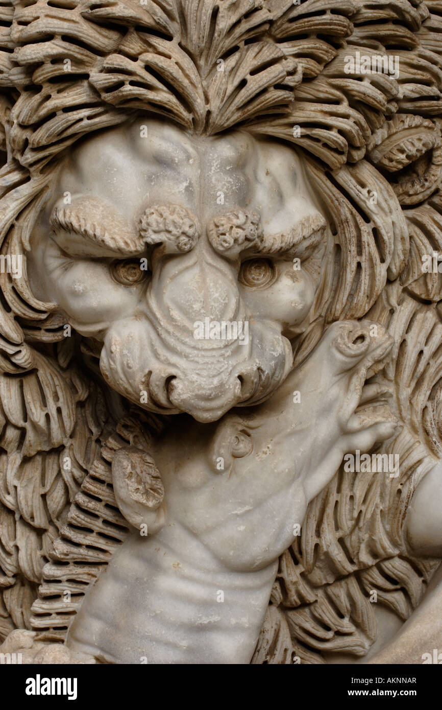 Detail of the sarcophagus with lion eating a horse craving, Vatican Museum, Italy Stock Photo