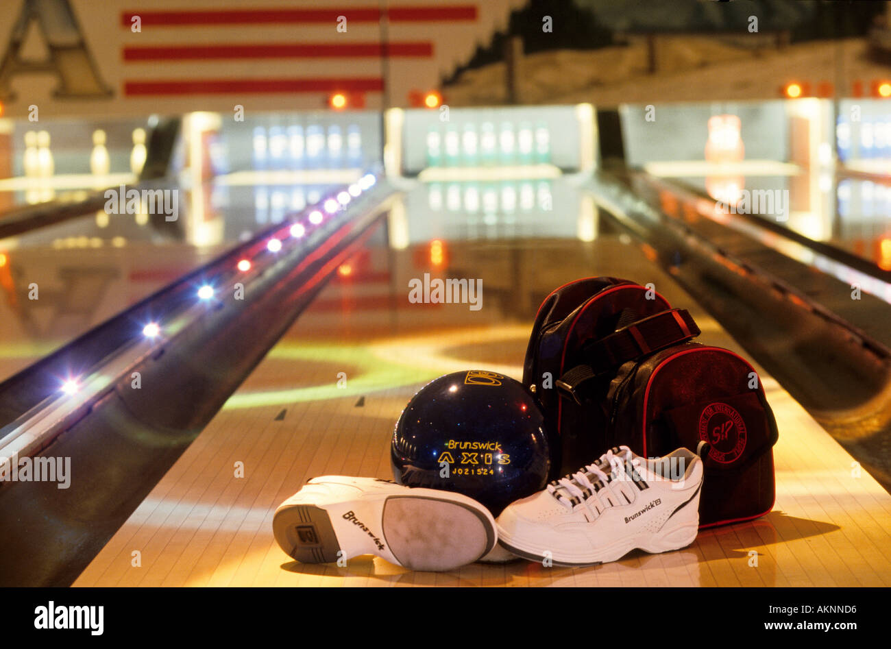 Germany Free time At a bowling alley shoes ball and rucksack  Stock Photo