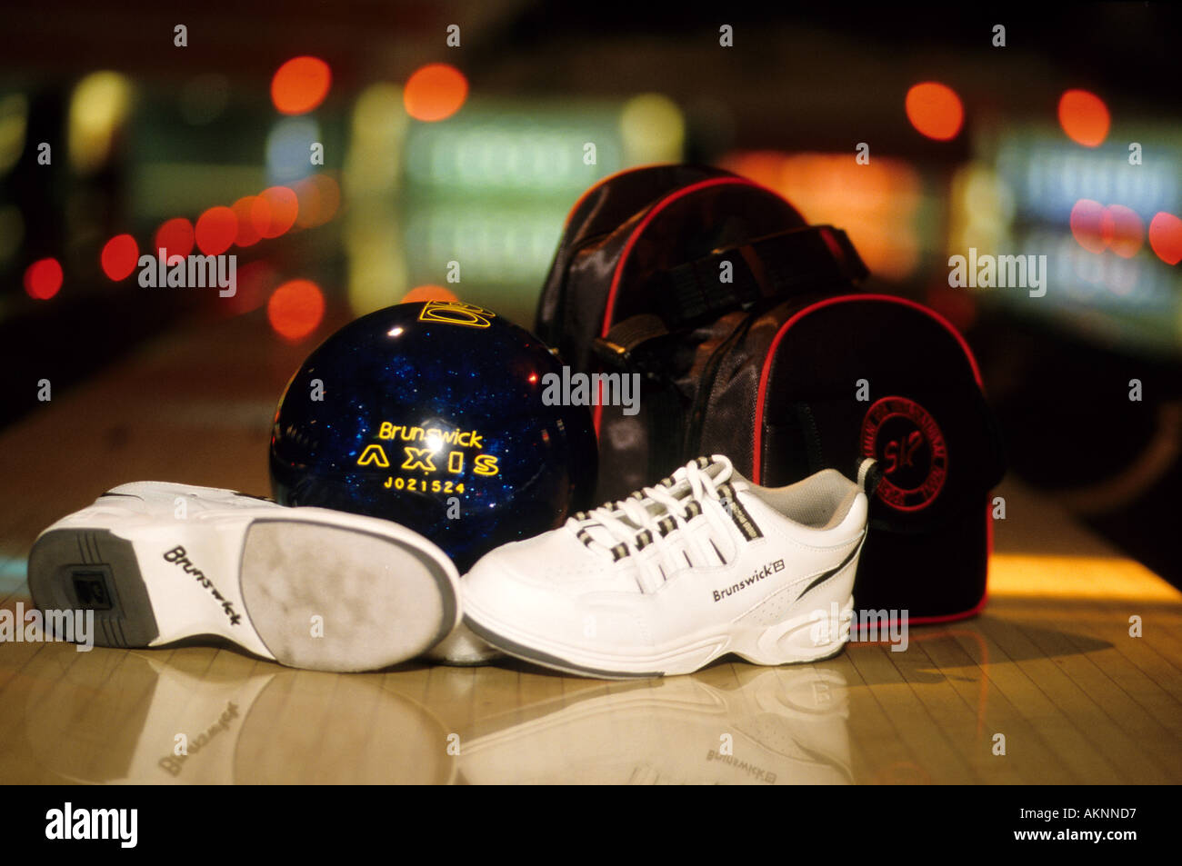 Germany Free time At a bowling alley shoes ball and rucksack  Stock Photo