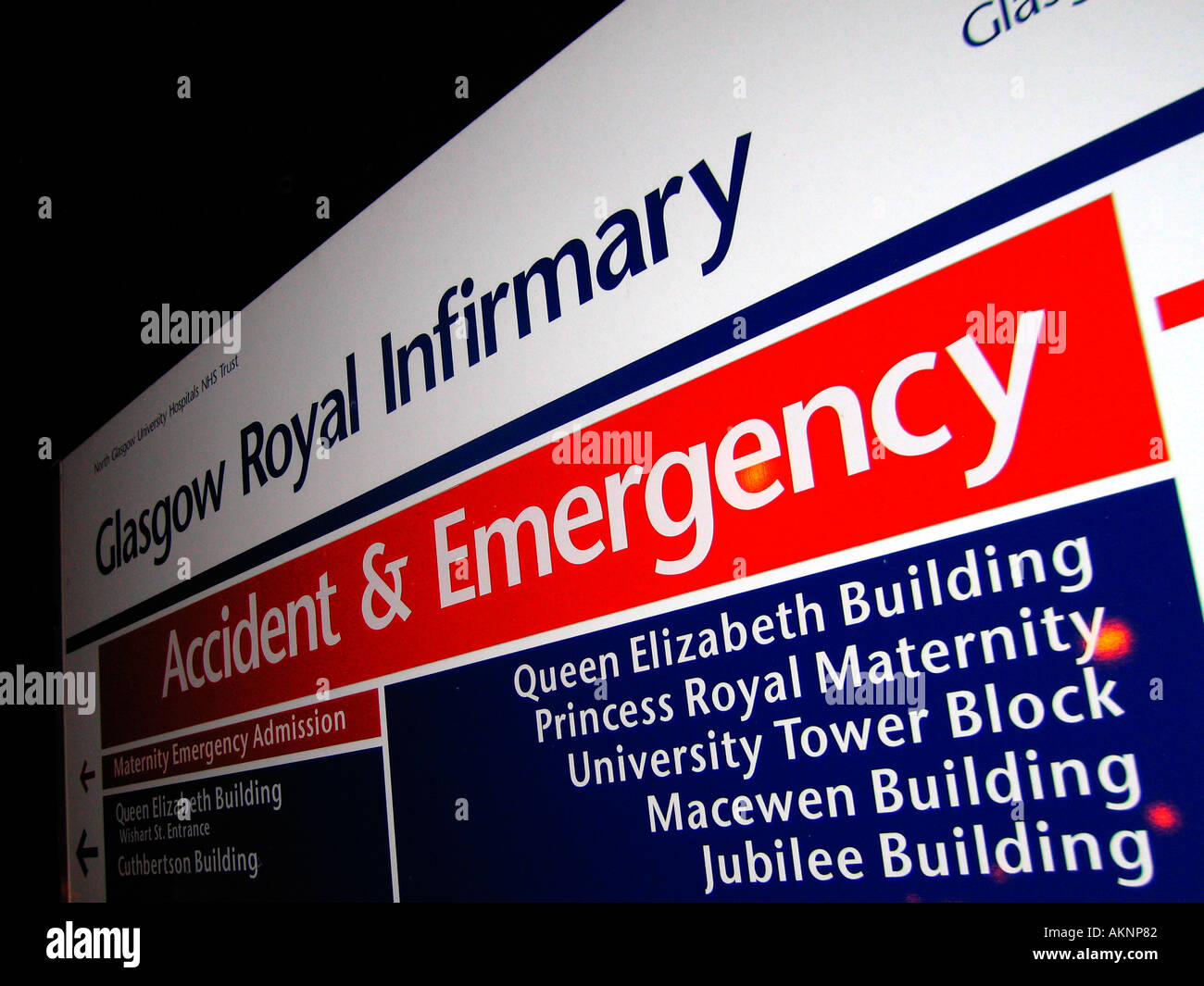Accident and emergency department sign Glasgow Royal Infirmary NHS hospital Stock Photo
