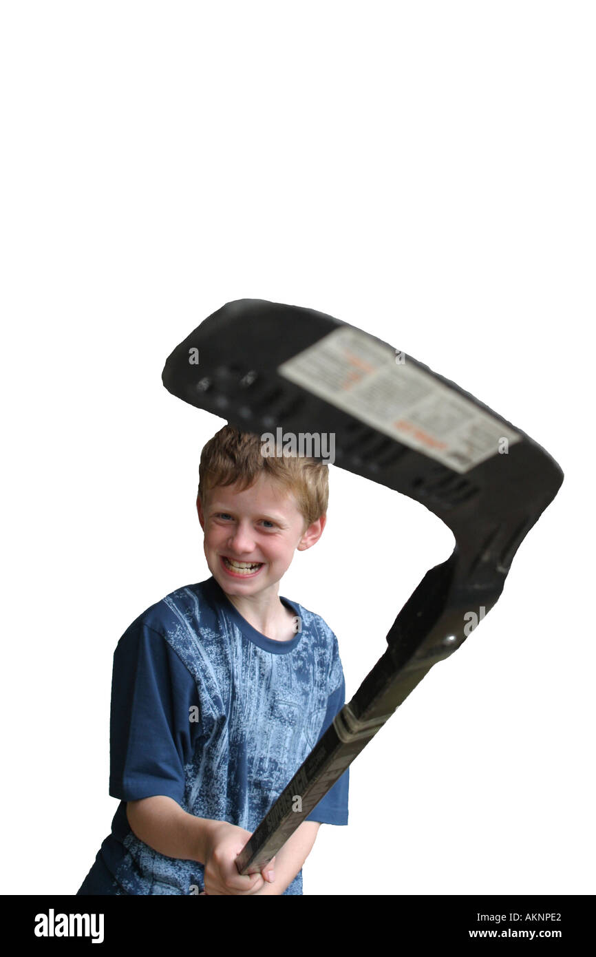 boy using ice hockey stick as a weapon Stock Photo Alamy