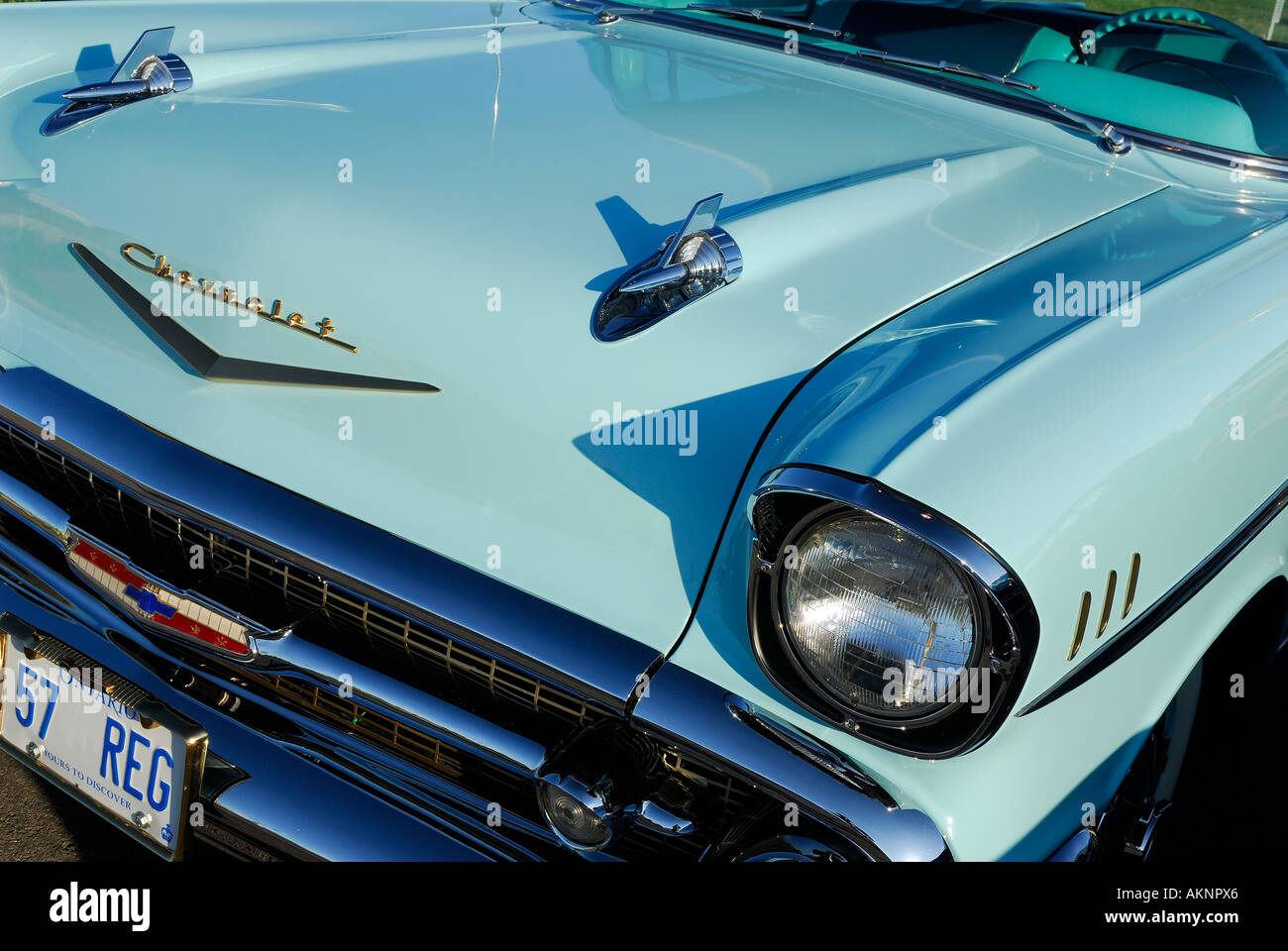 Front view of a light blue 1957 Chevrolet Belair Stock Photo
