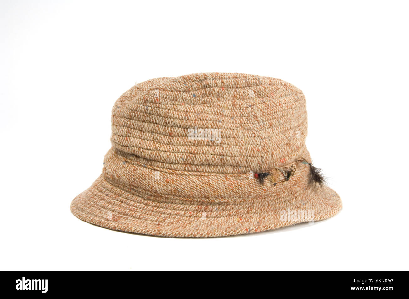 A man's Irish tweed fishing style hat with fishing flies in the headband  Stock Photo - Alamy