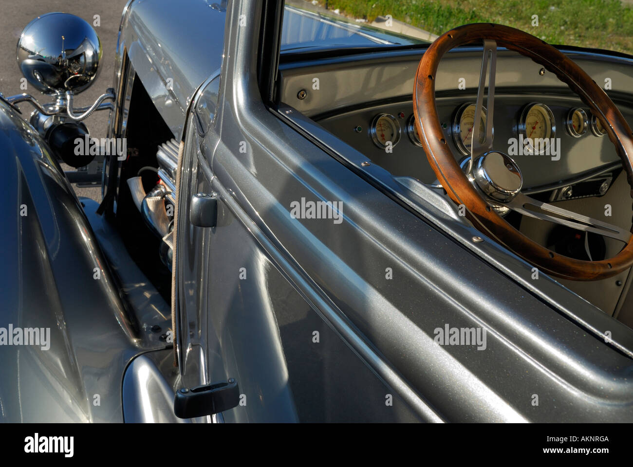 Steering wheel and dashboard of a 1930 Ford Tudor Hotrod Stock Photo