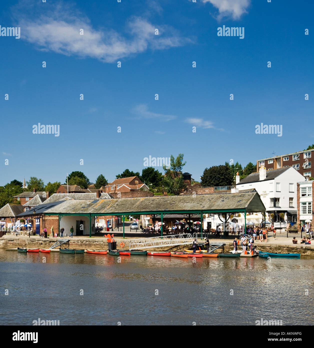 Boathouse boats and canoes at the quay area in Exeter Quay, Exeter, Devon, UK Stock Photo
