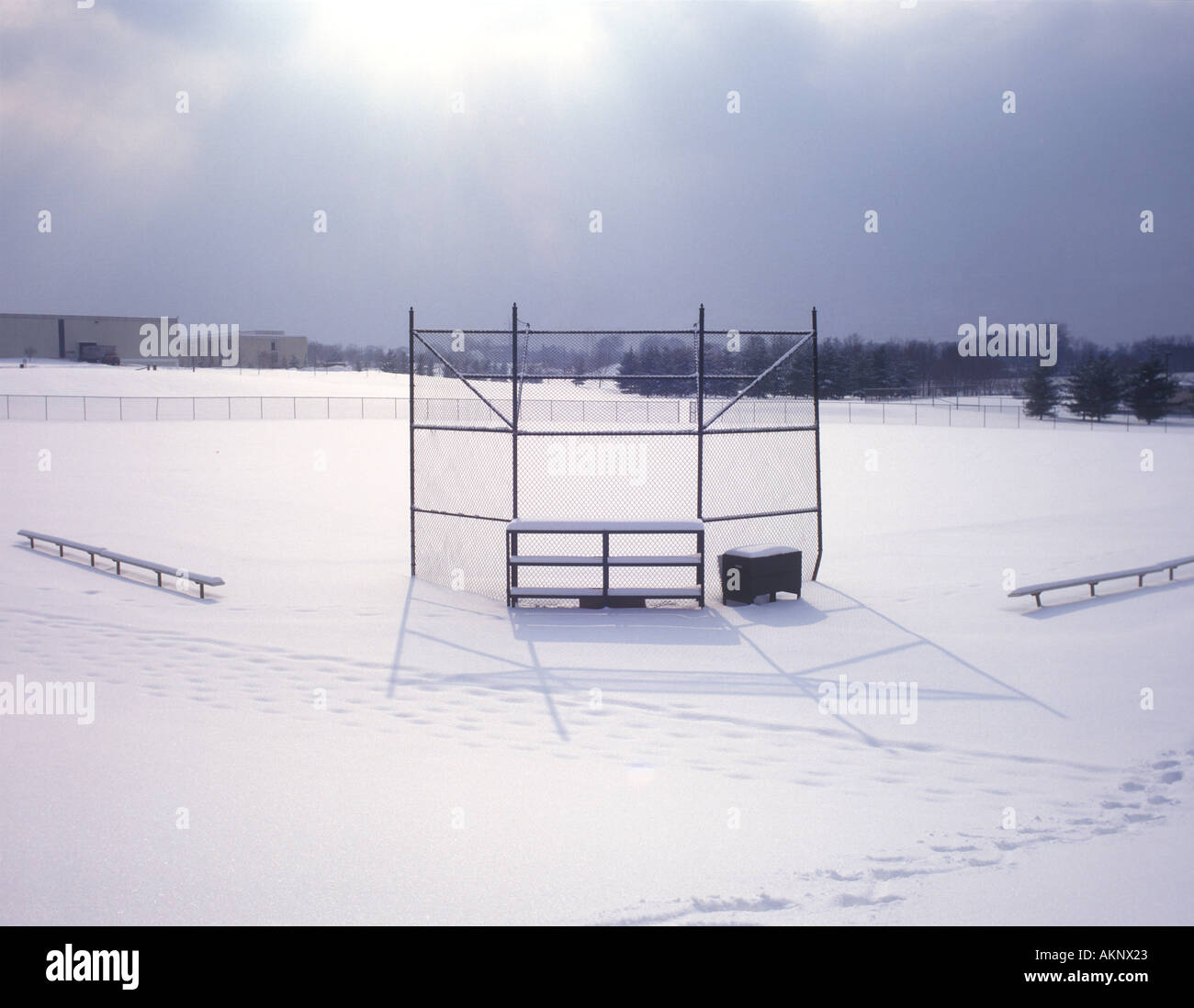 Snow Covered Baseball Field In Winter Stock Photo Alamy