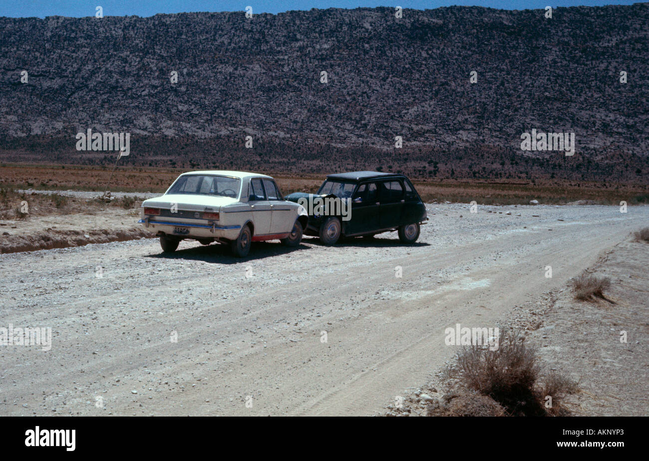 car accident on deserted road, Khurasan, provincial Iran Stock Photo