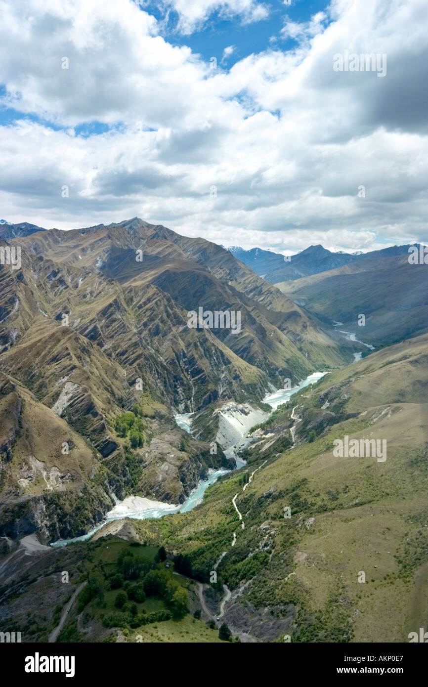 Aerial shot of the Shotover River from a small plane, near Queenstown, South Island, New Zealand Stock Photo