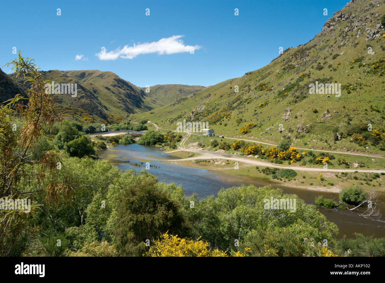 View from the train on the Taieri Gorge Railway from Dunedin, Hindon, Otago, South Island, New Zealand Stock Photo