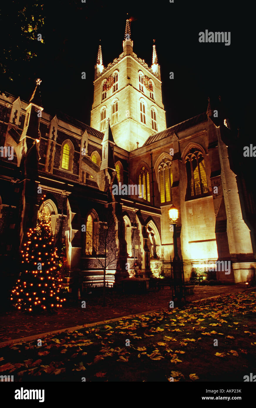 southwark cathedral winter night illuminated church london england
