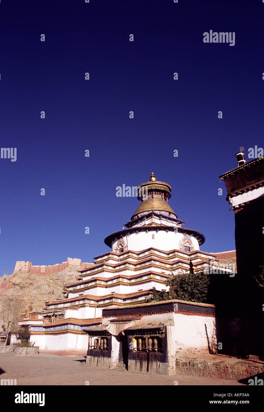 Gyantse Kumbum in Pelkor Chode Monastery during the day with clear blue sky Himalayas Tibet China Asia Stock Photo
