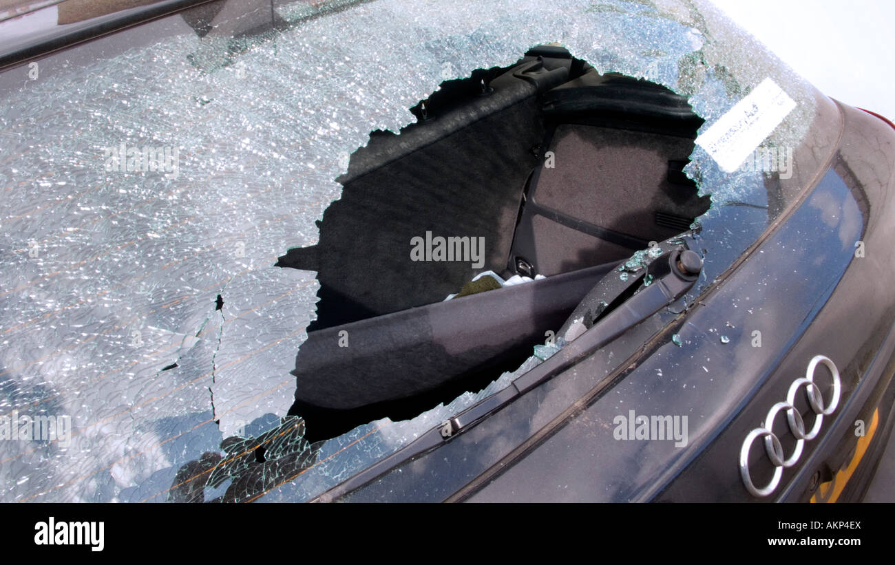 Smashed rear window of parked car in Camden London UK car crime 2007