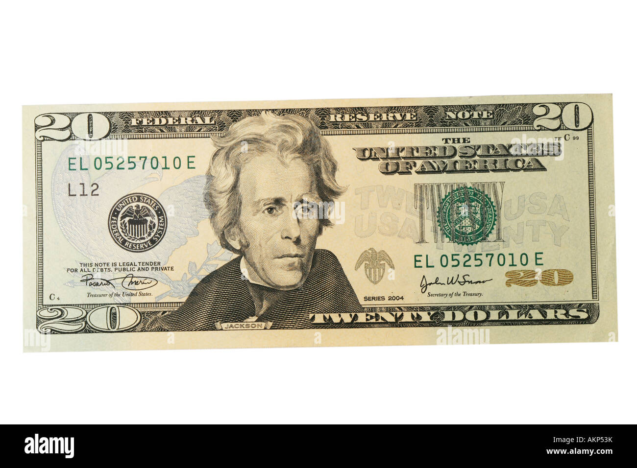 Twenty dollar bill isolated on white background Stock Photo - Alamy