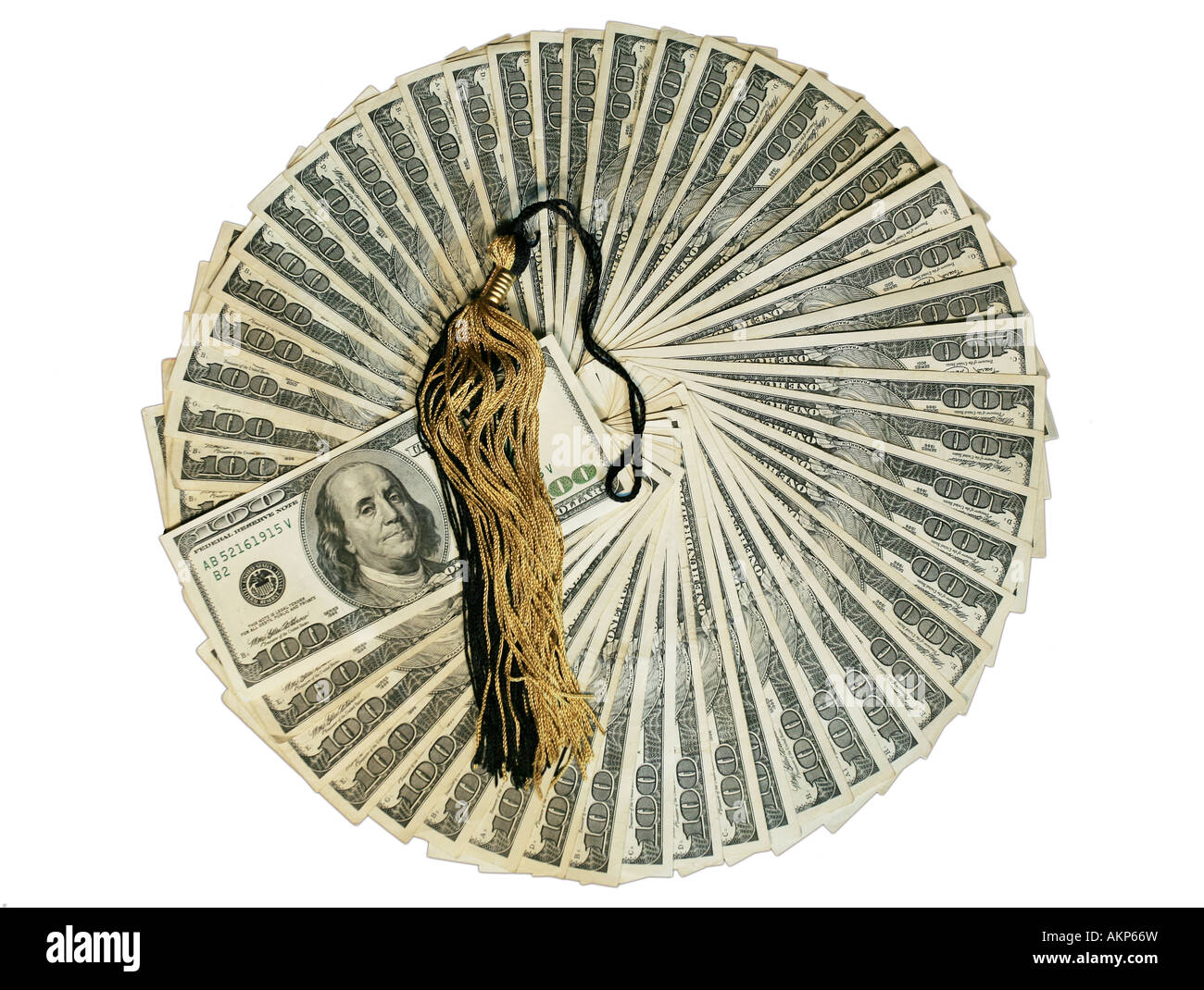 Black and gold graduation tassel on top of circle of one hundred dollar