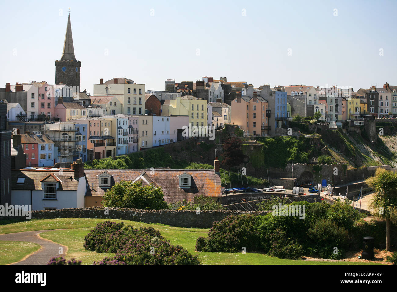 Colourful picture postcard Tenby a famous picturesque seaside town in Pembrokeshire West Wales UK Britain Europe Stock Photo