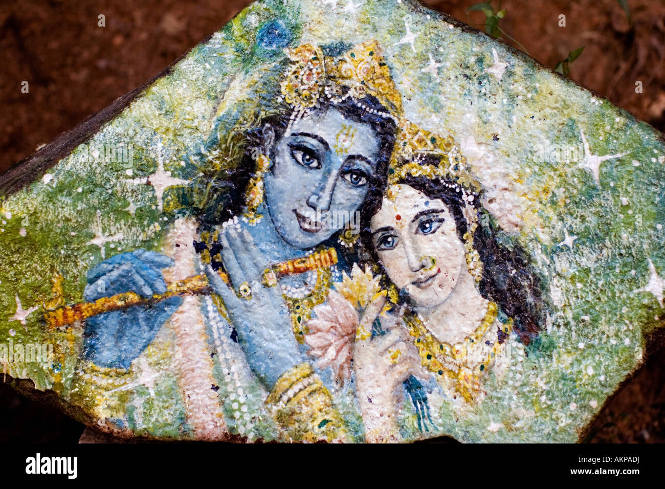 Krishna and Radha painted on a stone. Andhra Pradesh, India Stock Photo