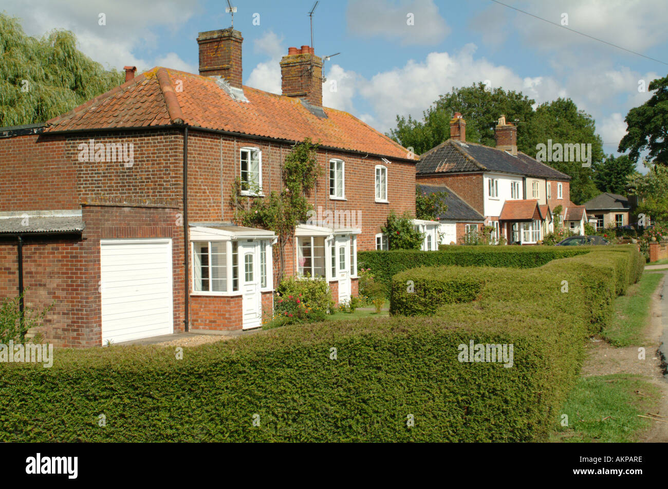 Row of cottages next to Thurne Dyke in the village of Thurne, Norfolk Broads, England, UK. Stock Photo