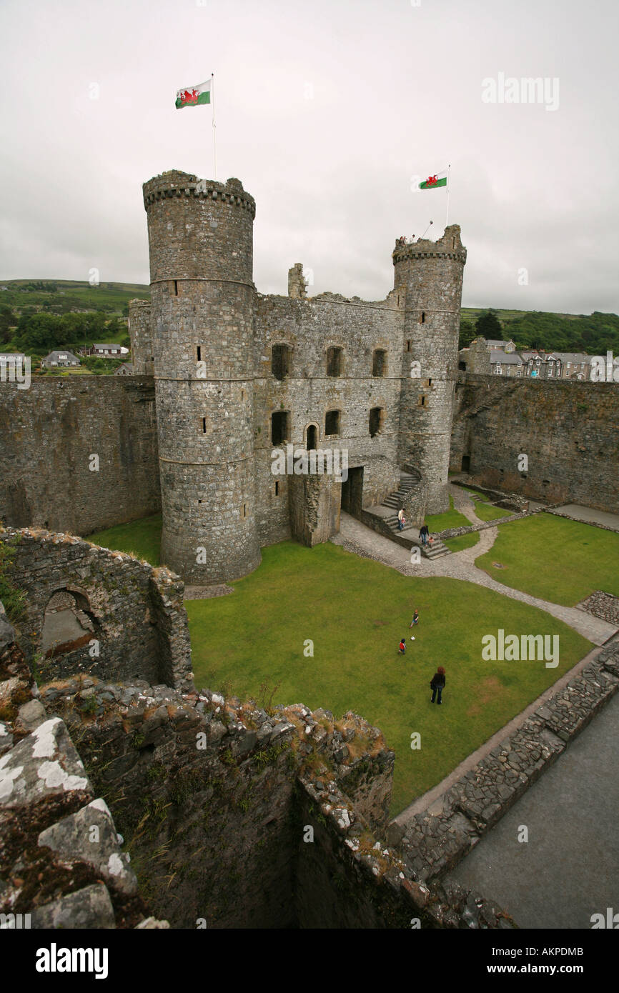 Aerial view of central gatehouse battlements ramparts and stone walls of Harlech castle Snowdonia Gwynedd Wales UK Stock Photo