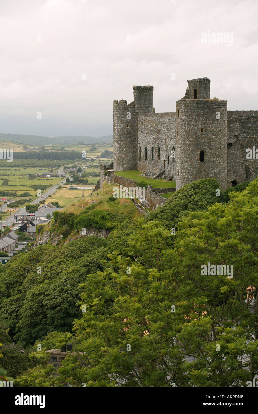 Ancient 13th century Harlech Castle on hill top with Snowdonia National