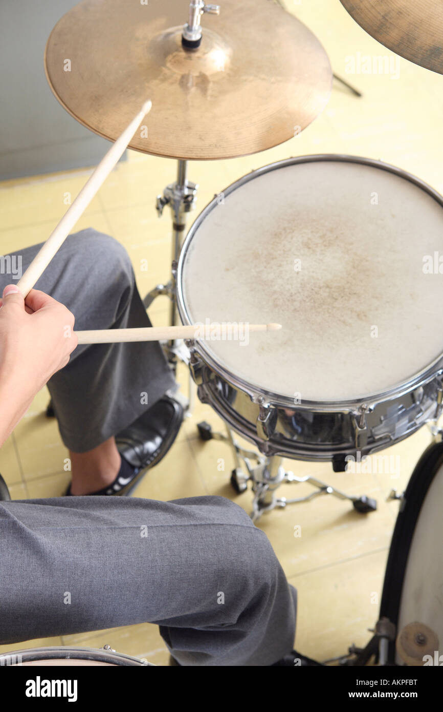 High school boy playing drums Stock Photo Alamy