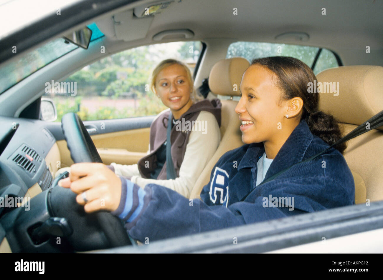 Germany Free time Two young women in a car  Stock Photo