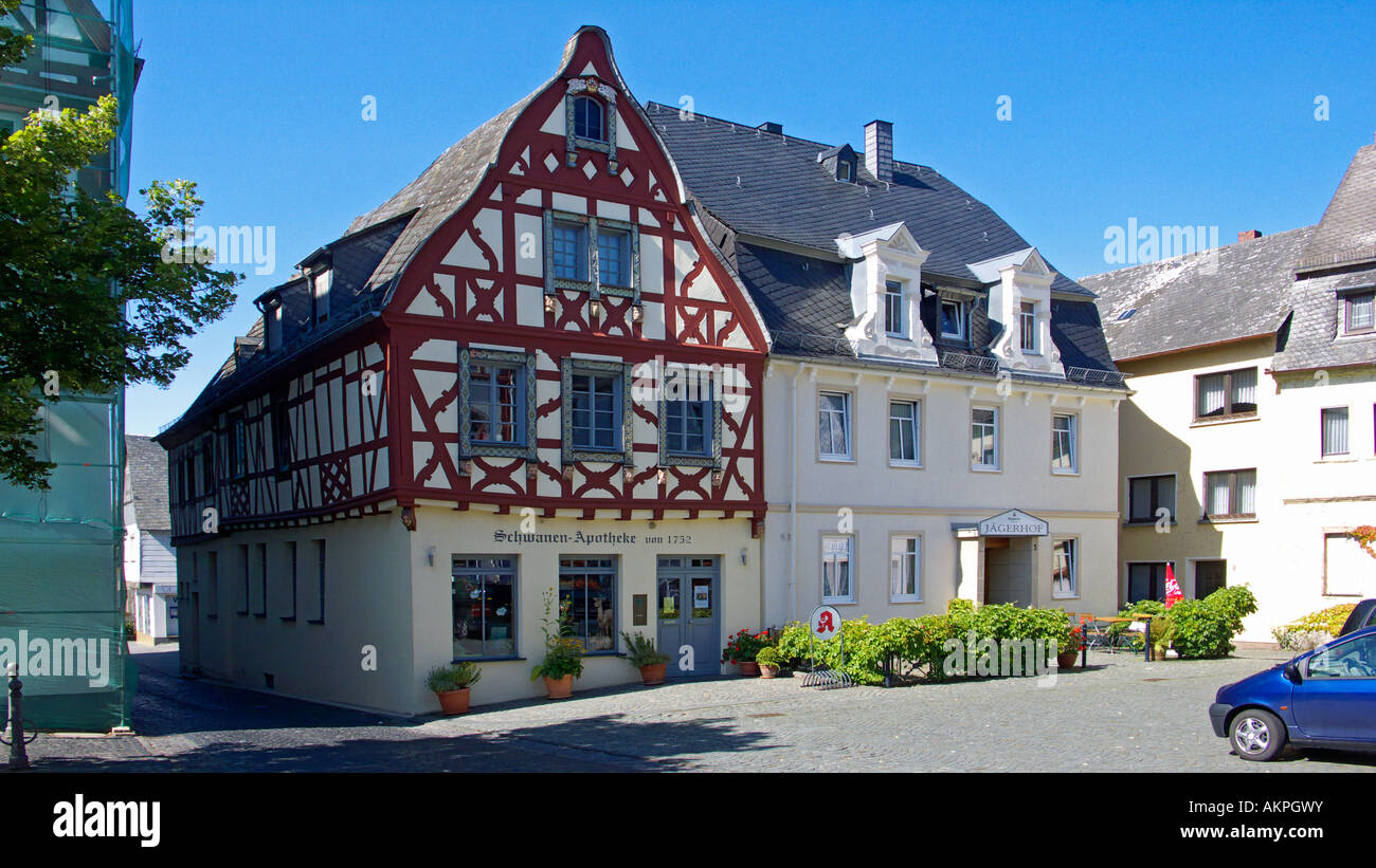 Schwanenapotheke, Fachwerkhaus, Gasthof Jaegerhof, Kirchberg, Hunsrueck, Rheinland-Pfalz Stock Photo