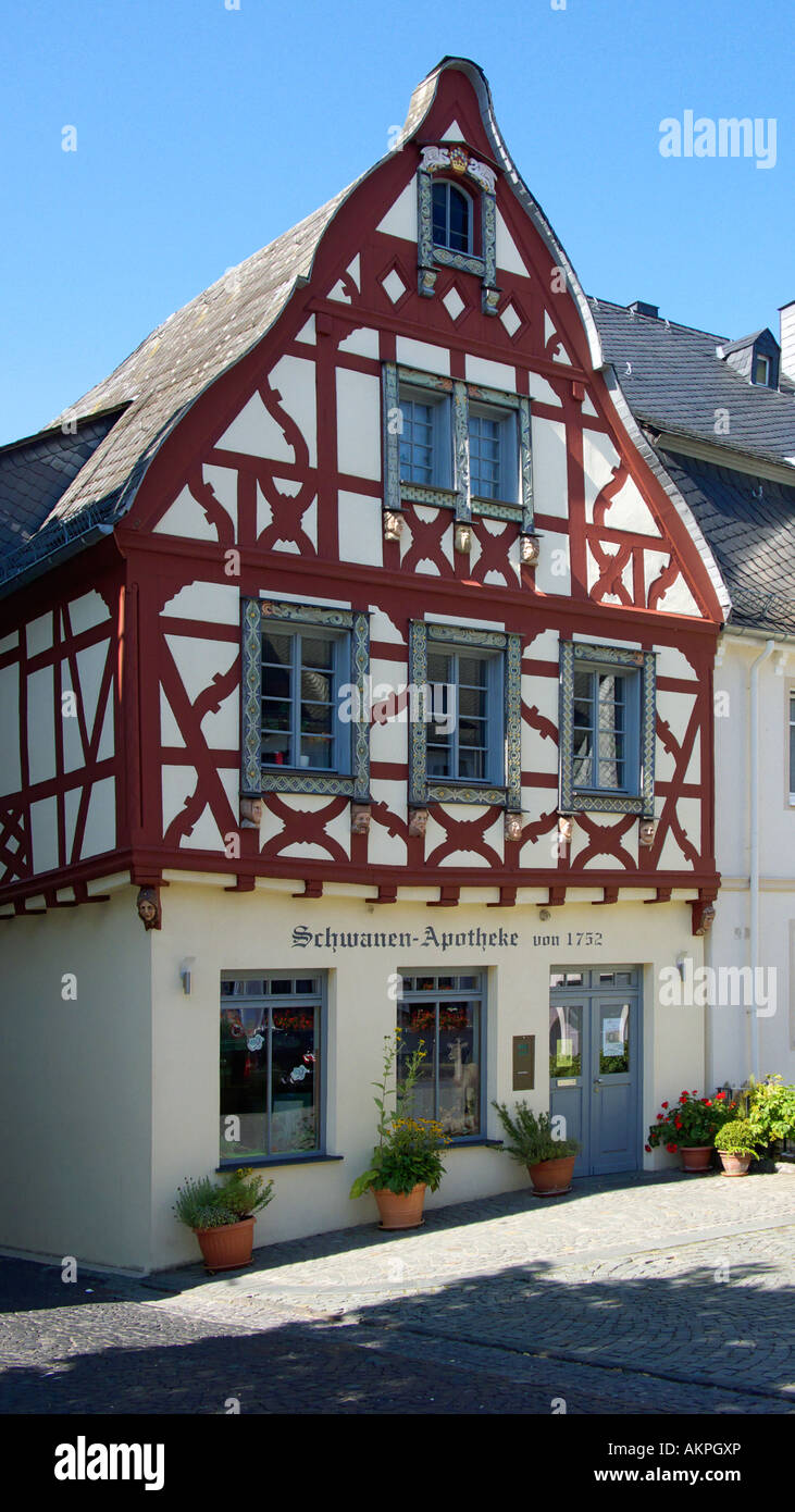 Schwanenapotheke, Fachwerkhaus, Kirchberg, Hunsrueck, Rheinland-Pfalz Stock Photo