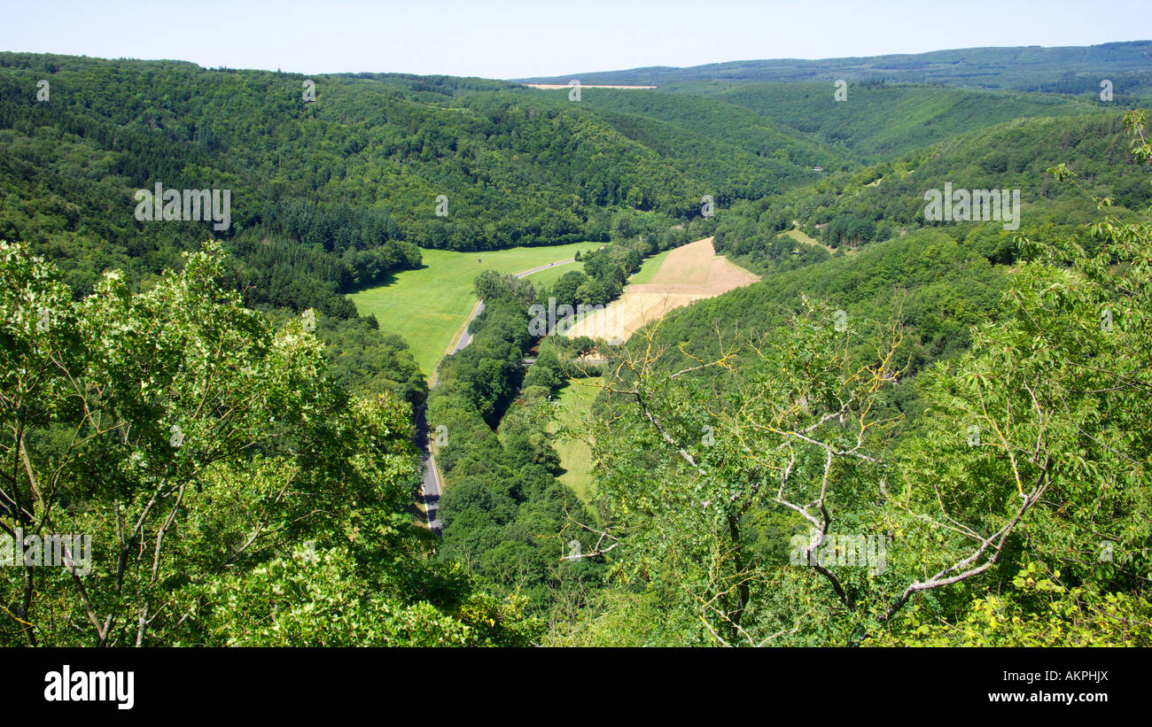 Landschaft, Waldgebiet, Flusstal, Panoramaansicht, Kellenbachtal, Soonwald, Hunsrueck, Rheinland-Pfalz Stock Photo