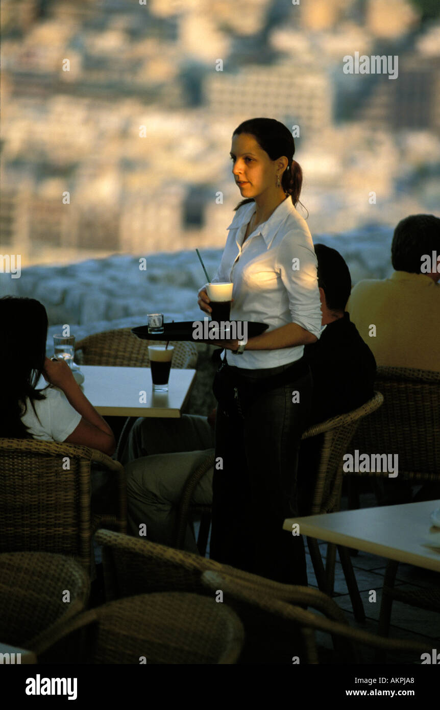 Athens frappe coffee on Plaka terrace Stock Photo