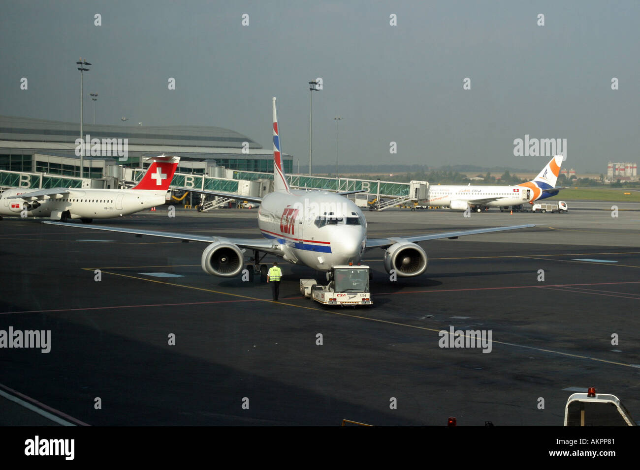 aircraft taxing on tarmac in prague airport Stock Photo