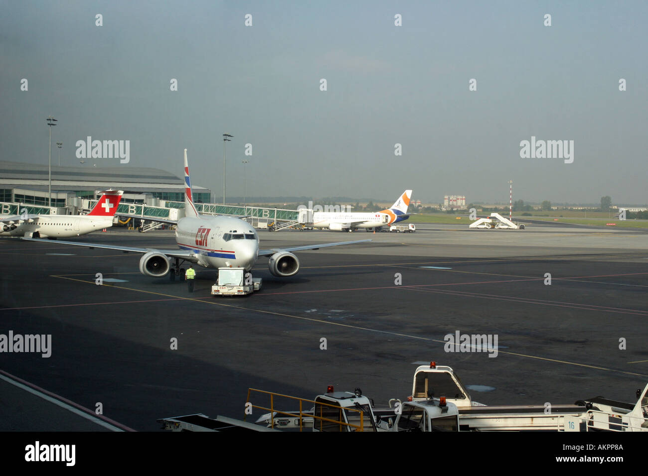 aircraft taxing on tarmac in prague airport Stock Photo