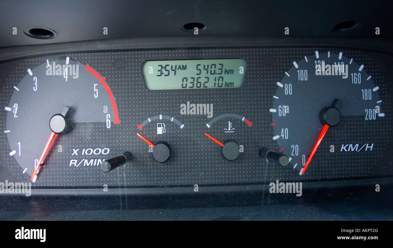 traffic, dashboard in a car, instruments, controls, rev counter, tachometer, petrol control, fuel control, gasoline control, speedometer, speed check Stock Photo