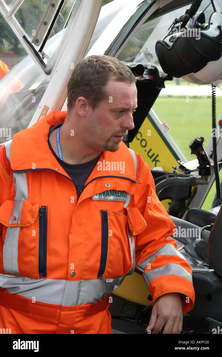 Great North Air ambulance Crew Member waiting next to helicopter Stock Photo