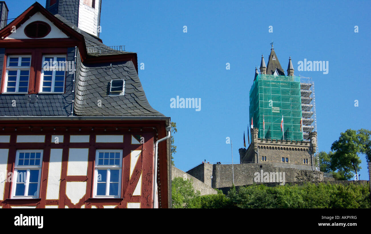 Baustelle, Restaurierung, Baugeruest am Wilhelmsturm in Dillenburg, Dilltal, Westerwald, Hessen Stock Photo