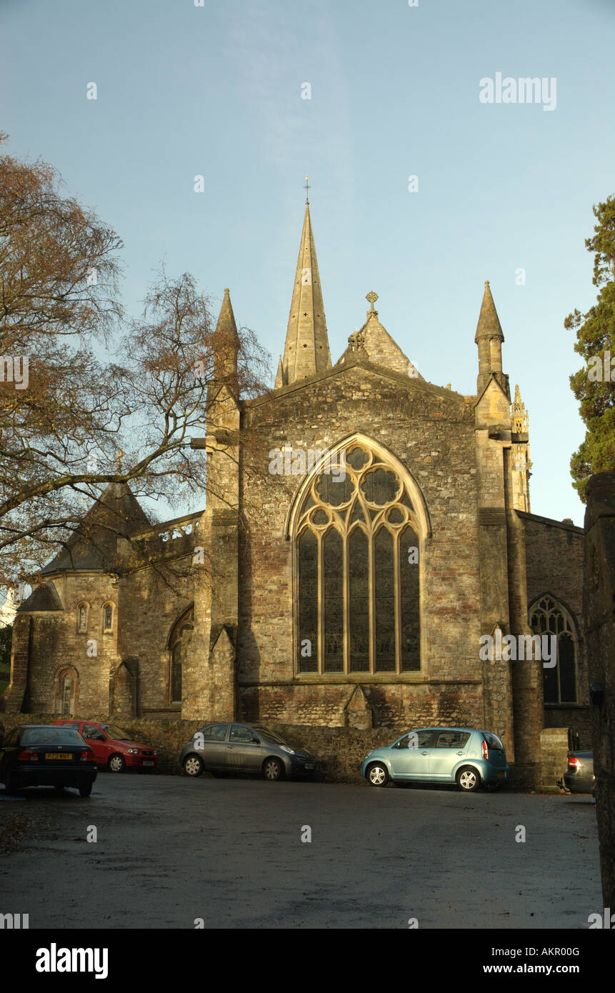 Stained glass window and spire of Llandaff Cathedral, Cardiff Stock Photo