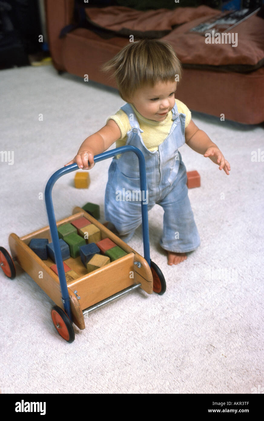 toddler playing with wooden wagon and blocks learning to walk Stock Photo