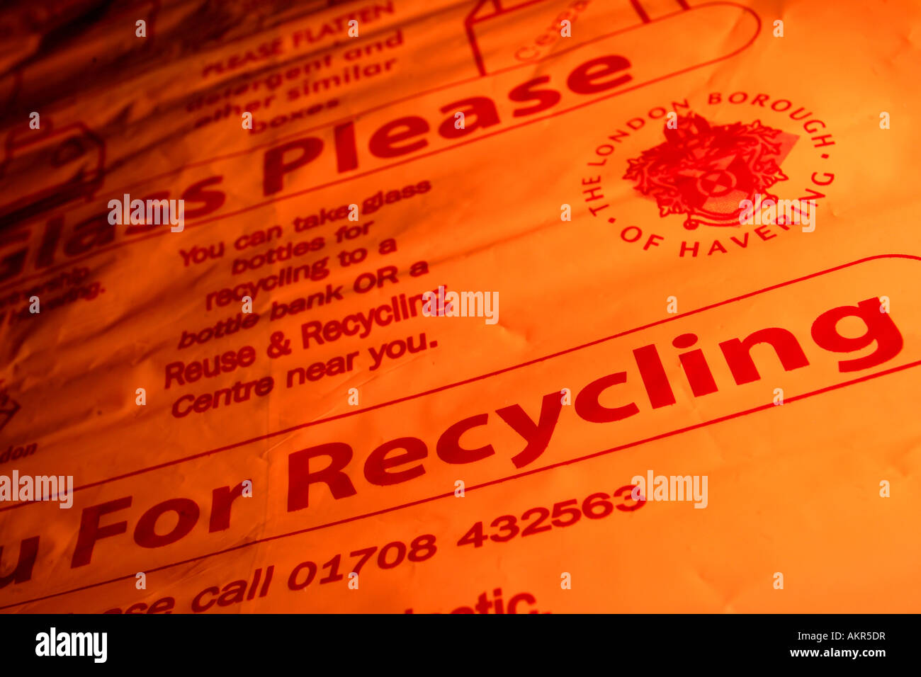 An orange recycling bag for the London Borough of Havering Essex United