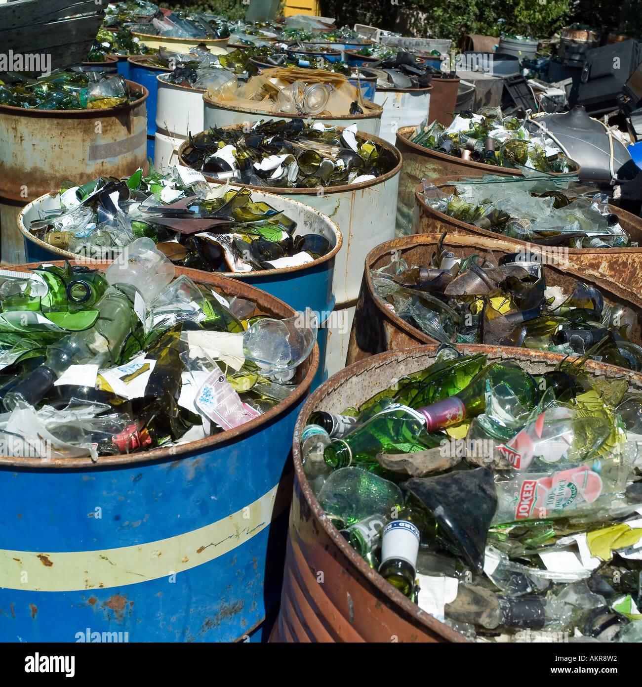 Barrels with broken glass bottles, rubbish dump site, Vaucluse