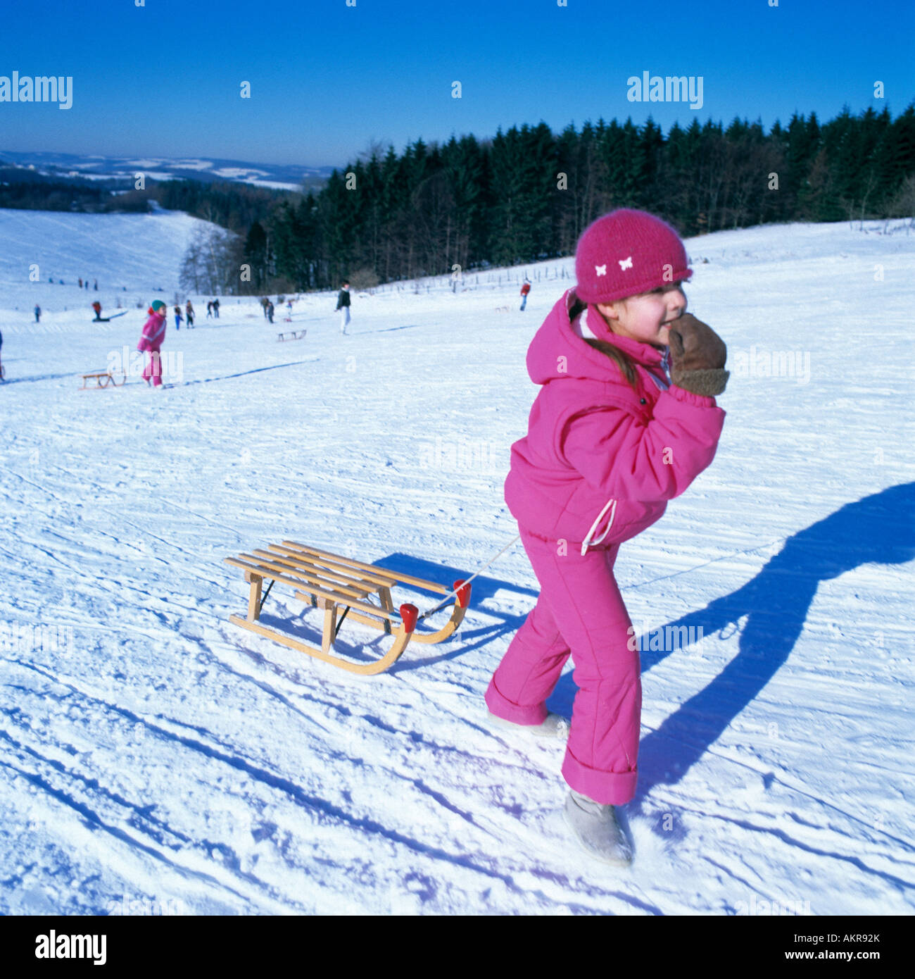 Germany, North Rhine-Westphalia, Sauerland, winter landscape, snow, snow-covered, free time, sledge, sled, sledging, toboggan, tobogganing, sleigh-ride, children, young girl tugs his toboggan to the top of the ski run Stock Photo