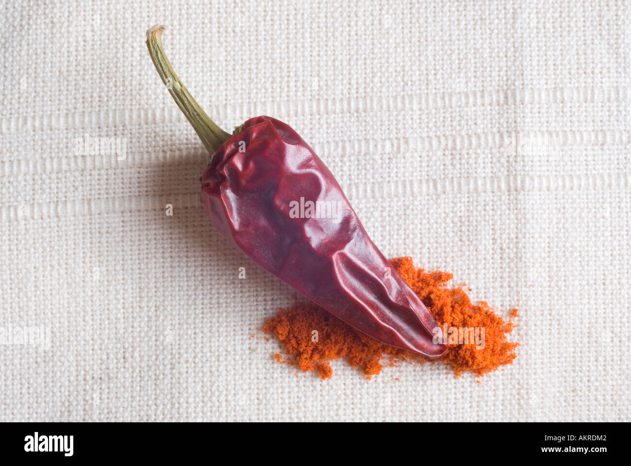 Red Hot Chili Pepper and Powder on Table Cloth Stock Photo - Alamy
