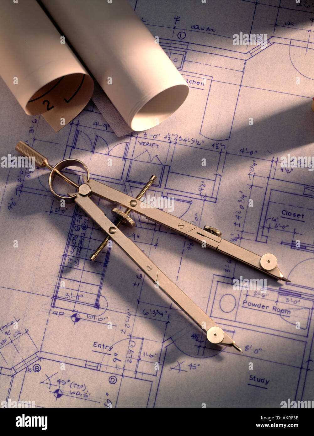 mechanical compass and blueprints Stock Photo Alamy