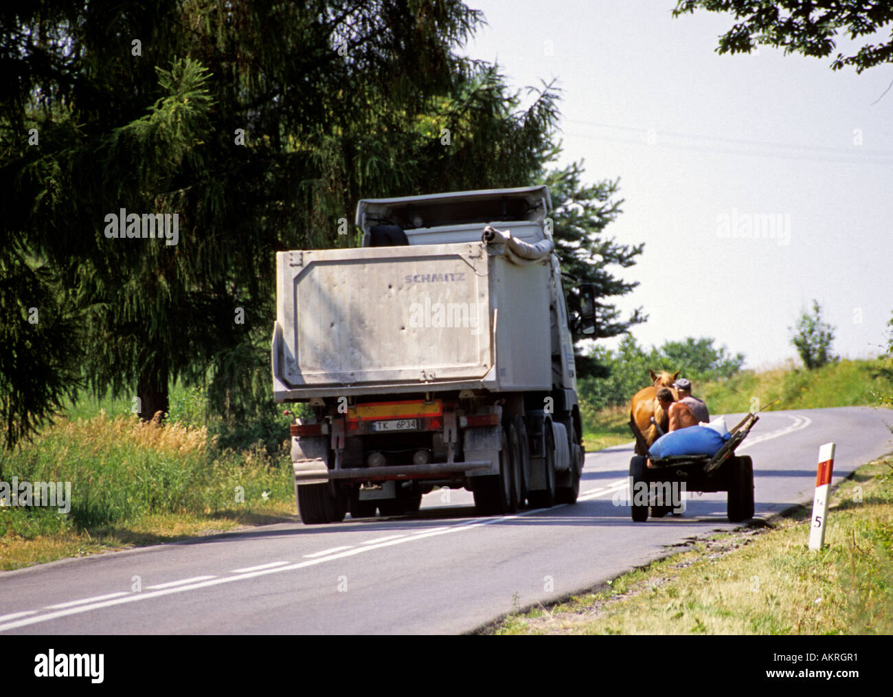 Poland, dangerous driving, lorry truck overtake, overtaking Stock Photo