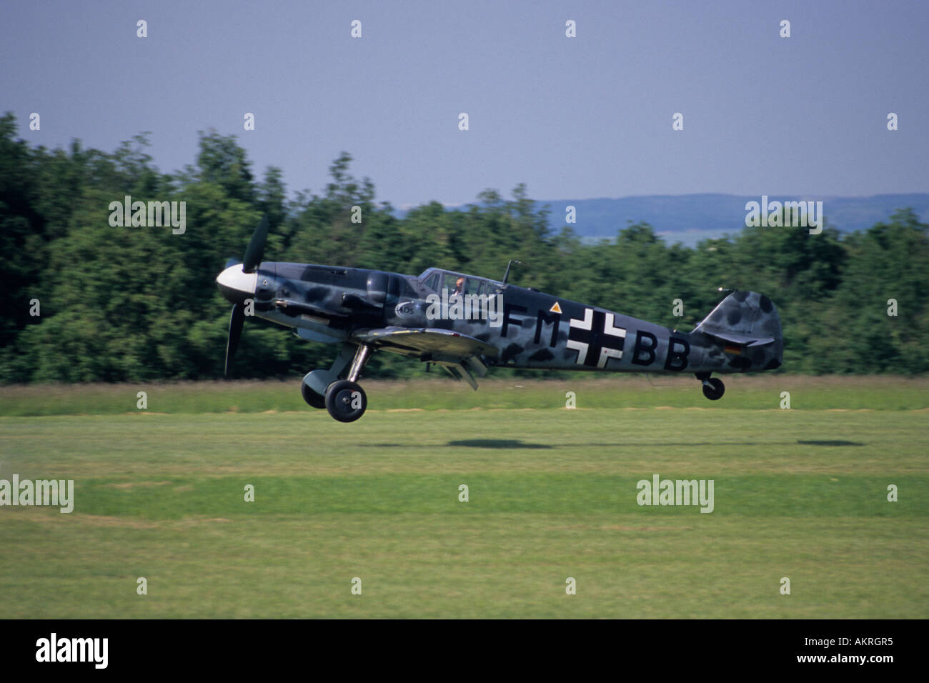 Ferte-Alais Air Show - France,  Messerschmitt Bf-109 landing Stock Photo