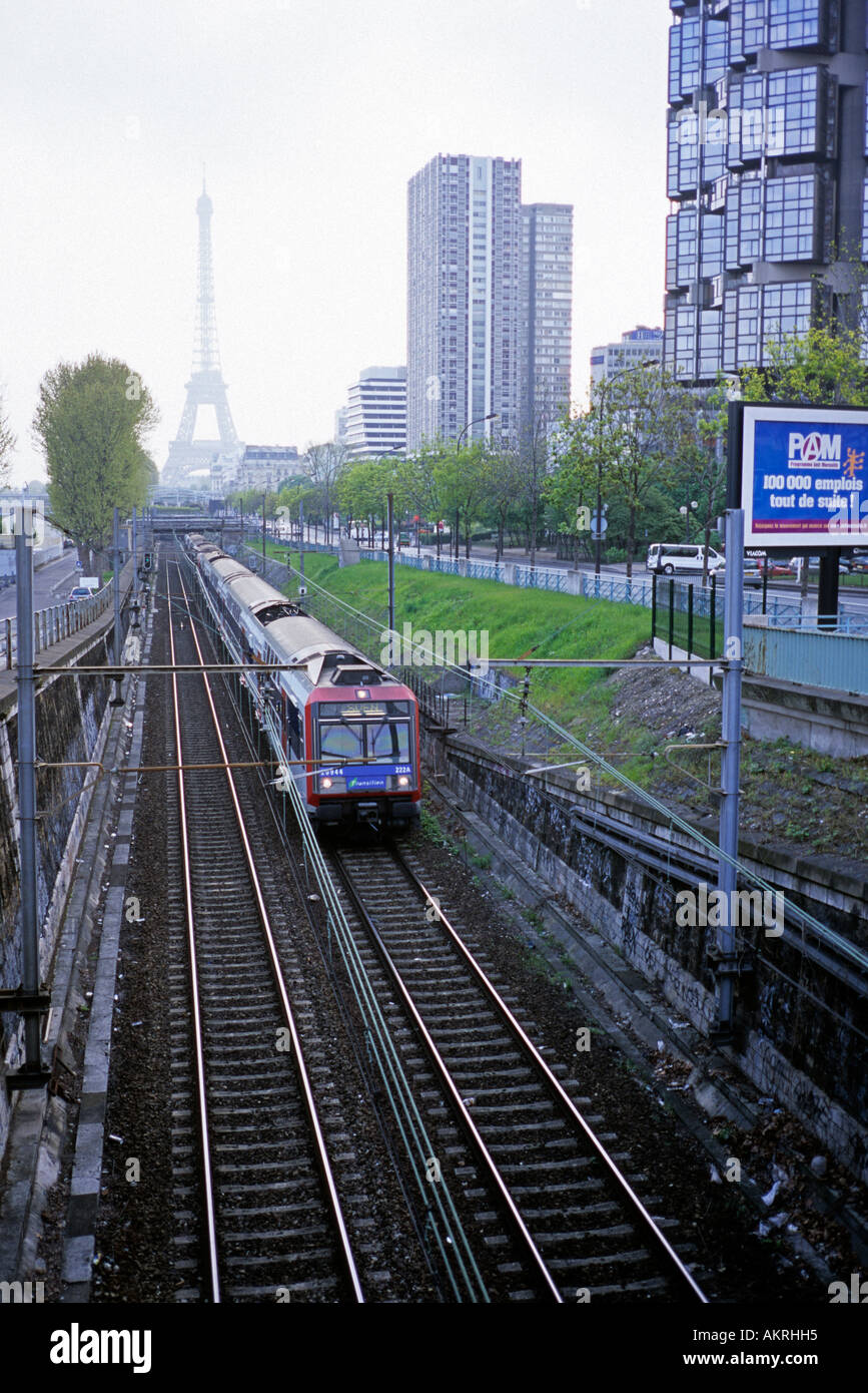 Paris, RER morning train and Eiffel Tower Tour Stock Photo