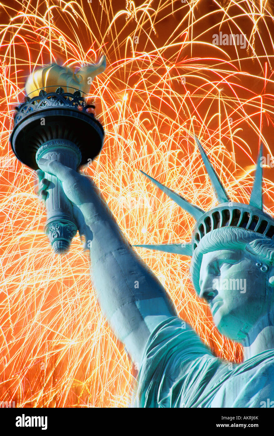 USA NEW YORK CITY LIBERTY ISLAND STATUE OF LIBERTY AND FIREWORKS Stock ...
