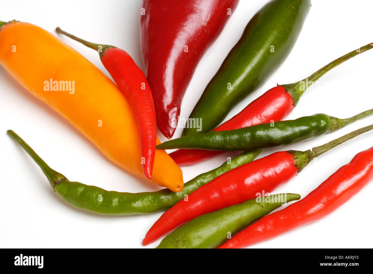 various varieties of chilli peppers Stock Photo