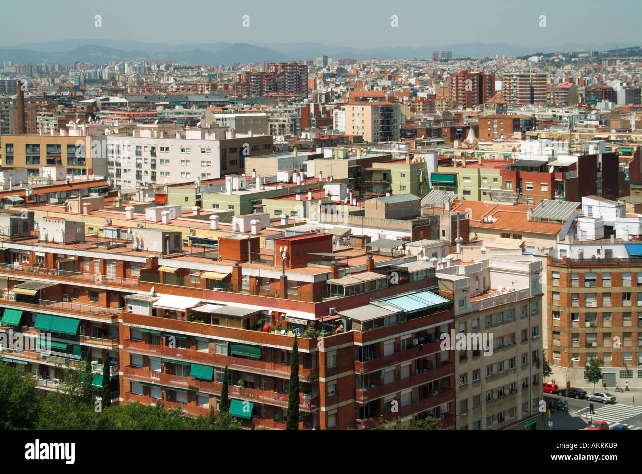 View of buildings & skyline in crowded densely populated Barcelona City ...
