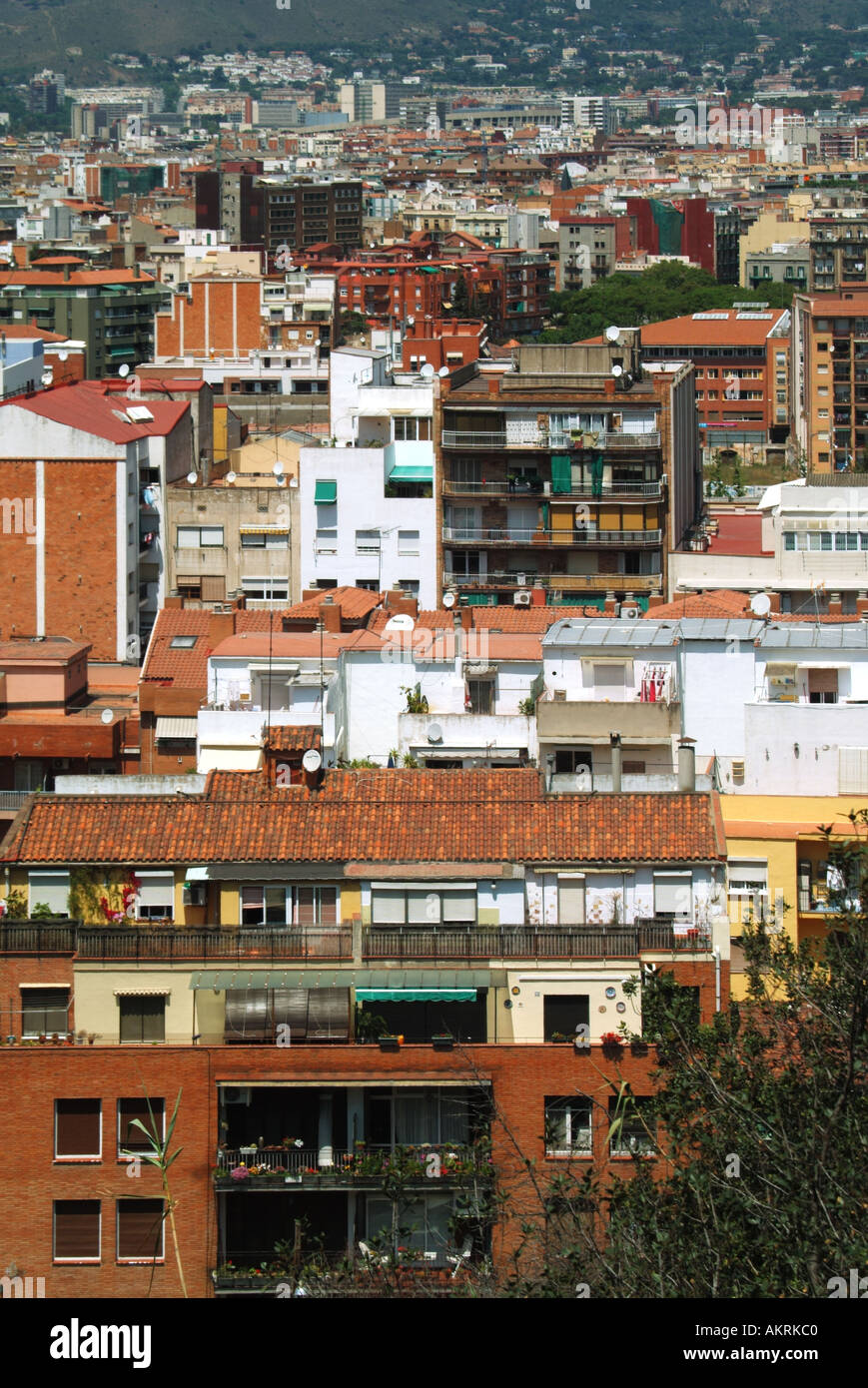 View of buildings & skyline in crowded densely populated Barcelona City ...