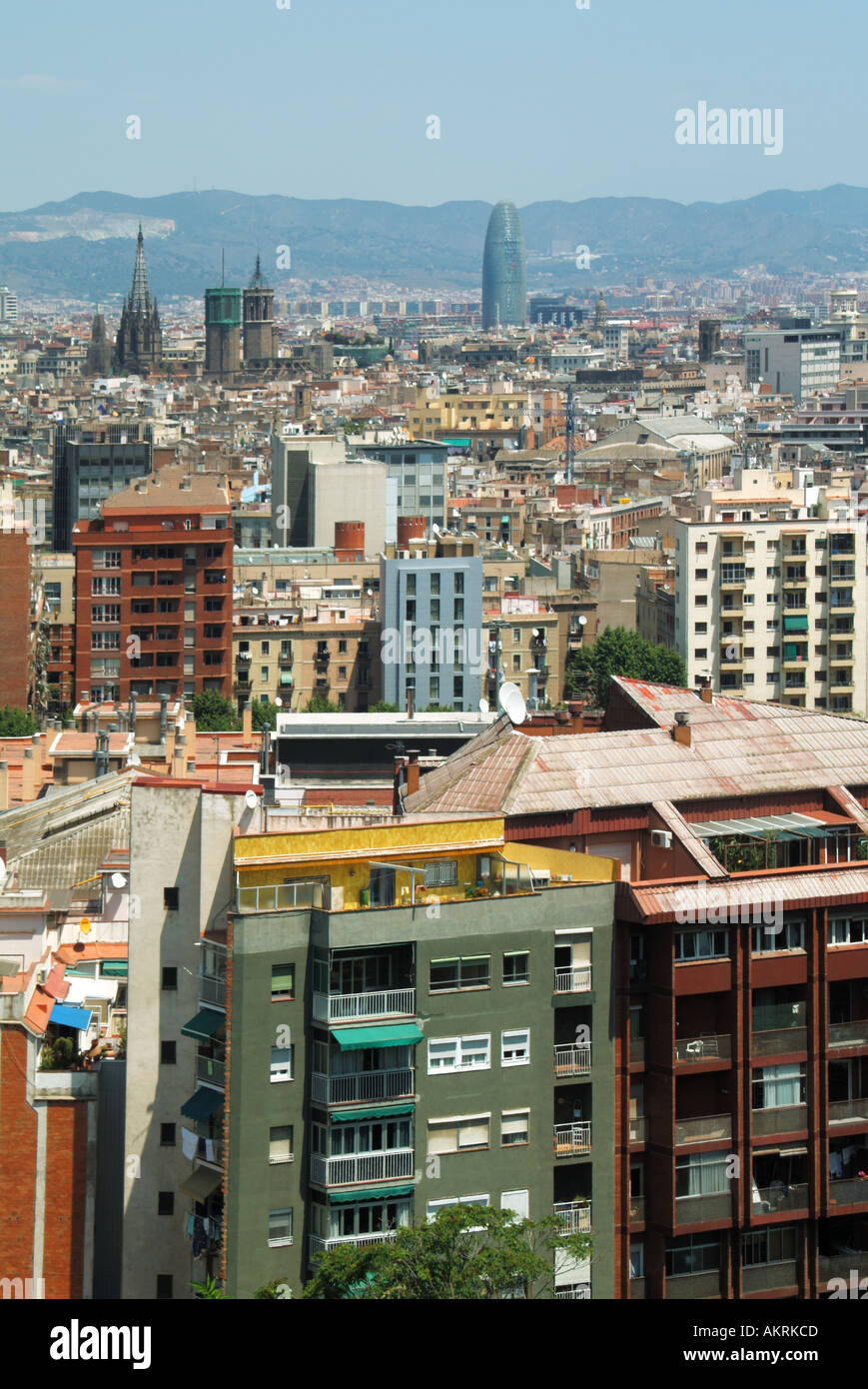 View of buildings & skyline in crowded densely populated Barcelona City ...